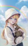  1girl animal animal_hands bbony_0_0 blonde_hair blue_eyes blush cat cat_tail cloud commission denim hat highres holding holding_animal long_hair long_sleeves looking_at_viewer low_twintails original rainbow renmou sunlight tail twintails 