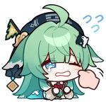  1girl ahoge chibi chinese_clothes english_commentary flag furrowed_brow green_hair hand_on_another&#039;s_cheek hand_on_another&#039;s_face hat honkai:_star_rail honkai_(series) huohuo_(honkai:_star_rail) long_hair long_sleeves lowres official_art one_eye_closed tears transparent_background yin_yang 