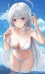  1girl bikini blue_archive blue_sky blush breasts cleavage collarbone front-tie_top halo highres large_breasts leaning_forward long_hair looking_at_viewer navel noa_(blue_archive) purple_eyes sky solo straight_hair string_bikini swimsuit very_long_hair wading water_drop white_bikini white_hair zuu_1028 