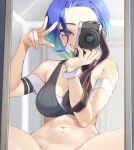  1girl arm_strap blue_hair bottomless breasts brown_eyes camera cleavage crop_top forehead gradient_hair grin hands_up holding holding_camera jtveemo medium_breasts mirror multicolored_hair navel perrin_(pokemon) pokemon pokemon_(game) pokemon_sv reflection selfie short_hair smile stomach strap taking_picture teeth upper_body w 