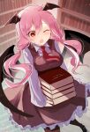  1girl ;o absurdres bat_wings blurry blurry_background book book_stack bookshelf breasts carrying commentary_request ekisutora foot_out_of_frame hair_between_eyes head_wings highres koakuma large_breasts library long_hair long_sleeves low_wings medium_breasts midair necktie one_eye_closed open_mouth pink_hair red_eyes red_necktie solo touhou very_long_hair wings 