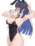 1girl absurdres alternate_costume animal_ears arm_up armpits between_breasts black_hair black_hairband black_leotard black_necktie blue_eyes blue_hair blunt_bangs breasts chyraliss colored_inner_hair covered_navel detached_collar fake_animal_ears hair_intakes hairband hand_to_own_mouth hand_up highleg highleg_leotard highres hololive hololive_english large_breasts leotard long_hair looking_at_viewer looking_to_the_side multicolored_hair necktie necktie_between_breasts official_alternate_hair_length official_alternate_hairstyle ouro_kronii playboy_bunny purple_nails rabbit_ears side-tie_leotard sideboob simple_background solo strapless strapless_leotard thighs two-tone_hair v virtual_youtuber white_background wide_hips wrist_cuffs 