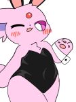  2023 ambiguous_gender anthro black_clothing blush blush_lines clothing digital_drawing_(artwork) digital_media_(artwork) eeveelution espeon forehead_gem fur generation_2_pokemon nintendo one_eye_closed open_mouth pawpads pink_body pink_ears pink_fur pink_pawpads pink_sclera pokemon pokemon_(species) purple_body purple_ears purple_fur sangsang smile solo thick_thighs white_clothing white_eyes wide_hips 