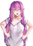  1girl absurdres clothes_writing collarbone commentary_request highres honkai_(series) honkai_impact_3rd long_hair looking_at_viewer open_mouth purple_hair pyeong-il_pyeongil shirt short_sleeves simple_background single_bare_shoulder sirin solo upper_body very_long_hair white_background white_shirt yellow_eyes 