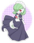  1girl absurdres apron artist_name ascot black_capelet black_skirt black_sleeves blush bob_cut brooch capelet closed_mouth clothed_pokemon colored_skin commentary_request detached_sleeves flat_chest frilled_apron frilled_skirt frilled_sleeves frills full_body gardevoir gem green_hair green_skin hair_over_one_eye happy highres jewelry juliet_sleeves long_skirt long_sleeves looking_at_viewer maid maid_headdress meru_(mer_milky77) multicolored_skin one_eye_covered own_hands_together plaid plaid_background pokemon pokemon_(creature) puffy_sleeves purple_background red_eyes red_gemstone short_hair signature skirt smile solo standing twitter_username two-tone_skin waist_apron white_apron white_ascot white_skin 