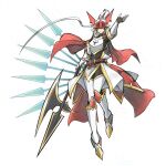  1girl armor cape covered_eyes digimon digimon_(creature) dukemon finalelysion genderswap genderswap_(mtf) halberd helmet_over_eyes holding holding_polearm holding_weapon original polearm red_cape simple_background solo weapon white_background 