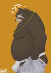  2023 anthro bear belly ben_(zenless_zone_zero) big_belly bottomwear brown_body bulge clothing eyes_closed jockstrap kemono lazxuszz male mammal mihoyo moobs nipples overweight overweight_male pants scar simple_background solo underwear zenless_zone_zero 