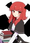  144udy 1girl :o absurdres bat_wings blunt_bangs blush book book_stack carrying commentary_request foul_detective_satori head_wings highres koakuma long_hair looking_at_viewer open_mouth red_eyes red_hair simple_background solo touhou white_background wings 