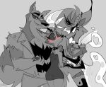 &lt;3 bisexual blush canid canid_demon canine canis clothing demon dress female flirting group hand_holding hellhound helluva_boss loona_(helluva_boss) male mammal monochrome queen_bee-lzebub_(helluva_boss) satorrotas trio vortex_(helluva_boss) wolf 