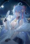  1girl absurdres ahoge bell blue_hair breasts chinese_commentary commentary echj ganyu_(genshin_impact) genshin_impact gloves hair_between_eyes hand_fan highres horns looking_at_viewer medium_breasts moon mountainous_horizon neck_bell night skirt smile solo water 
