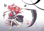  1girl barefoot gradient_background highres long_hair looking_at_viewer onozuka_komachi primsla red_eyes red_hair scythe short_twintails simple_background solo touhou twintails walking white_background 