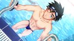  1boy abs avan_geiserford black_hair blue_eyes climbing_ladder collaboration goggles goggles_on_head highres jock_studio_(blits_games) looking_at_viewer male_focus male_swimwear mikkoukun nipples non-web_source one_eye_closed parted_lips pool pool_ladder short_hair solo teeth water zamius 