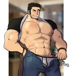 1boy abs bara bare_pectorals beard_stubble black_hair bulge clothes_lift denim feet_out_of_frame highres huge_pectorals jeans large_pectorals lucas_lee male_focus male_underwear male_underwear_pull muscular muscular_male navel navel_hair nipples open_pants pants pectorals protin pulled_by_self raised_eyebrow scott_pilgrim_takes_off seductive_smile shirt shirt_behind_neck shirt_lift short_hair short_sleeves smile solo sparse_chest_hair sparse_navel_hair stomach t-shirt thick_eyebrows underwear undressing 