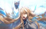  1boy arm_up ascot blonde_hair blue_ascot blue_brooch blue_eyes brooch buttons cape casting_spell fate/grand_order fate_(series) feathers frilled_sleeves frills gloves hair_over_one_eye highres jacket jewelry kirschtaria_wodime long_hair long_sleeves looking_at_viewer magic male_focus open_mouth phi_luna shirt shouting sleeve_cuffs solo suit teeth upper_body white_cape white_feathers white_gloves white_jacket white_shirt white_suit wind 