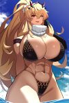  1girl abs absurdres bare_shoulders barghest_(fate) bikini black_bikini blonde_hair blue_sky breasts cleavage curvy fairy_knight_gawain_(ice_warrior)_(fate) fate/grand_order fate_(series) gauntlets green_eyes hair_ornament hair_scrunchie heterochromia high_ponytail highleg highleg_bikini highres horns huge_breasts imuzi long_hair looking_at_viewer muscular muscular_female navel ocean open_mouth red_eyes scarf scrunchie sidelocks single_gauntlet sky smile solo swimsuit thick_thighs thighs very_long_hair white_scarf 