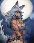  animal_humanoid breasts canid canid_humanoid canine canine_humanoid cleavage clothed clothing eyes_closed ezzyecchi female hi_res humanoid knife mammal mammal_humanoid moon night solo 