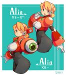  1girl absurdres alia_(mega_man) android arm_cannon blonde_hair blue_eyes blush bodysuit breasts gloves headgear highres long_hair looking_at_viewer mega_man_(series) mega_man_x_(series) one_eye_closed open_mouth robot_ears sho.t smile solo weapon white_gloves 