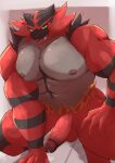  anthro balls fur generation_7_pokemon genitals green_eyes hi_res incineroar looking_at_viewer male muscular muscular_male nintendo nipples penis plache6 pokemon pokemon_(species) red_body red_fur solo striped_body striped_fur stripes 