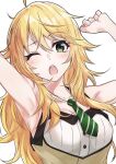  1girl ahoge armpits arms_up bare_shoulders blonde_hair blush breasts brown_dress cleavage clenched_hand collarbone dress green_eyes green_necktie highres hoshii_miki idolmaster idolmaster_(classic) idolmaster_million_live! idolmaster_million_live!_theater_days long_hair looking_at_viewer medium_breasts necktie necktie_necklace one_eye_closed open_mouth simple_background sleepy sleeveless sleeveless_dress solo spoonkoros striped striped_dress striped_necktie tears teeth upper_body upper_teeth_only white_background yawning 
