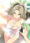  1girl bare_shoulders between_breasts blush bottle breast_hold breasts brown_hair cleavage collarbone glasses green_eyes groin highres imu_(senran_kagura) jewelry large_breasts light_brown_hair looking_at_viewer milk milk_bottle naked_towel official_art parted_bangs ring senran_kagura senran_kagura_shinovi_versus shelf shiny_skin short_hair smile steam sweatdrop tile_floor tiles towel twintails wet yaegashi_nan 