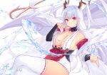  arm_warmers azur_lane breasts cleavage crossed_legs dragon_girl dragon_horns dragon_tail hair_on_horn hand_up highres horns japanese_clothes long_hair red_eyes revealing_clothes shimanto_(azur_lane) sideboob tail thighhighs umiya_mizuki water white_tail white_thighhighs 