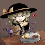  black_headwear bow buttons closed_eyes collared_shirt diamond_button eating eyeball food frilled_shirt_collar frilled_sleeves frills green_hair hat hat_bow hat_ribbon heart heart_of_string heripantomorrow holding holding_food koishi_komeiji&#039;s_heart-throbbing_adventure komeiji_koishi light_blush long_sleeves medium_hair plate ribbon shirt third_eye touhou translated wavy_hair wide_sleeves yellow_bow yellow_ribbon yellow_shirt 