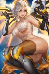  1girl ass blonde_hair blue_eyes boots bra breasts cloud cloudy_sky collarbone elbow_gloves garter_straps gloves headpiece holding holding_staff knee_boots looking_at_viewer mechanical_wings medium_breasts medium_hair mercy_(overwatch) multicolored_clothes multicolored_gloves neoartcore nose overwatch overwatch_2 paid_reward_available panties skindentation sky solo staff strap thighhighs underwear white_bra white_panties wings 