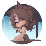  1girl animal_ears ass barefoot bikini blue_eyes blush breasts brown_hair chibi commentary ear_ornament from_behind green_bikini high_ponytail highres horse_ears horse_girl horse_tail large_breasts long_hair looking_at_viewer looking_back mejiro_palmer_(umamusume) multicolored_hair rain raised_eyebrows round_image sitting skindentation soles solo streaked_hair swimsuit tail thighs twisted_torso umamusume underboob warashi wet wet_hair 