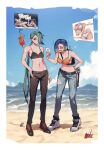  2girls abs ass beach bikini black_bra blue_hair bluecup bra breasts cleavage denim gimmighoul highres jeans leaning_forward long_hair mountainous_horizon multicolored_hair multiple_girls navel no_shirt pants perrin_(pokemon) pokemon pokemon_(game) pokemon_sv ponytail rika_(pokemon) rotom rotom_phone shoes sneakers standing staryu swimsuit toned torn_clothes torn_jeans torn_pants two-tone_hair underwear very_long_hair water 