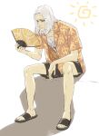  1boy arizuka_(catacombe) colored_sclera contemporary elden_ring flip-flops folding_fan gideon_ofnir hand_fan highres male_focus old old_man red_sclera sandals short_shorts shorts sitting solo sweat white_background white_hair yellow_eyes 