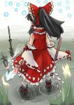  1girl black_hair bow commentary_request danmaku facing_away from_behind full_body gohei hair_bow hair_tubes hakurei_reimu highres holding holding_stick long_hair planted planted_spear polearm ponytail rightorisamraido3 ripples solo spear standing stick touhou water weapon 