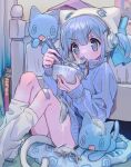  1girl animal_hat bandaid bandaid_on_knee bandaid_on_leg bed blue_eyes blue_hair blue_jacket bowl cat cat_hat cat_tail chopsticks eating fish hat headphones holding holding_bowl holding_chopsticks jacket long_sleeves olliuil_3 original pillow sitting solo tail track_jacket twintails white_leg_warmers 