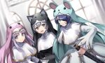  3girls animal_ears blue_eyes blue_hair cat digimon digimon_(creature) grey_eyes grey_hair hat highres indoors long_hair looking_at_viewer mouse mozzzz multiple_girls nun open_mouth rabbit scabbard sheath short_hair sistermon_blanc sistermon_ciel sistermon_noir upper_body 