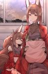  2girls =_= absurdres age_difference aged_down amagi-chan_(azur_lane) amagi_(azur_lane) animal_ear_fluff animal_ears azur_lane bag bare_shoulders black_choker blunt_bangs blush bread breasts brown_hair choker cleavage closed_eyes closed_mouth cloud cloudy_sky dated_commentary dual_persona flower food fox_ears fox_girl fox_tail hair_flower hair_ornament highres holding holding_bag indoors japanese_clothes kimono kitsune kyuubi large_breasts leotard long_hair looking_at_another multiple_girls multiple_tails open_mouth plastic_bag print_kimono red_kimono samip shopping_bag sidelocks sitting sky spring_onion tail thick_eyebrows twintails wide_sleeves window 