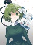  1girl absurdres black_headwear breasts dress flower gradient_background green_dress green_eyes green_hair highres long_sleeves open_mouth short_hair soga_no_tojiko solo surprised toraneko_2 touhou white_background white_flower 