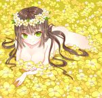  1girl ass breasts brown_hair collarbone completely_nude flower flower_censor green_eyes head_wreath long_hair looking_at_viewer luan_tang nude original smile solo white_flower yellow_flower 