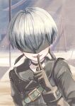  1boy black_blindfold black_choker black_gloves blindfold blurry blurry_background choker commentary_request covered_eyes facing_viewer finger_to_mouth gloves highres male_child male_focus meru_lotte nier:automata nier_(series) open_mouth short_hair shushing smile solo white_hair yorha_no._9_type_s 