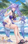  1girl alternate_costume breasts cone_hair_bun covered_navel genshin_impact hair_bun highleg highleg_swimsuit highres keqing_(genshin_impact) large_breasts long_hair looking_at_viewer melailai pink_eyes pouring pouring_onto_self purple_hair see-through_cleavage solo swimsuit twintails wet 