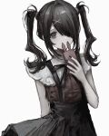  1girl ame-chan_(needy_girl_overdose) arm_behind_back black_eyes black_hair black_nails black_ribbon black_skirt cellphone chan8016 commentary cowboy_shot empty_eyes hair_ornament hair_over_one_eye hand_up highres holding holding_phone looking_at_viewer medium_hair muted_color neck_ribbon needy_girl_overdose one_eye_covered phone red_shirt ribbon scar scar_on_arm shirt shirt_tucked_in simple_background skirt smartphone solo suspender_skirt suspenders symbol-only_commentary twintails white_background wrist_cutting x_hair_ornament 