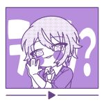 1boy ? blush_stickers blush_visible_through_hair cardigan chibi collared_shirt commentary_request double-parted_bangs eyes_visible_through_hair framed hair_between_eyes heart heart-shaped_pupils kamishiro_rui kamiyama_high_school_uniform_(project_sekai) looking_at_viewer loose_necktie male_focus monochrome multicolored_hair necktie open_collar own_hands_together partial_commentary play_button project_sekai purple_theme school_uniform screentones shirt short_hair simple_background sleeves_past_elbows sleeves_rolled_up streaked_hair symbol-shaped_pupils text_background tsurime two-tone_hair ui_(ui_73) upper_body 