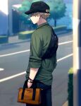  1boy alternate_costume bag bakugou_katsuki baseball_cap bead_bracelet beads black_bag black_headwear blonde_hair blue_pants blurry blurry_background boku_no_hero_academia bracelet carrying_bag casual closed_mouth collared_shirt day fanny_pack freestyle18 from_behind from_side green_shirt hair_through_headwear hand_in_pocket handbag hat hedge jewelry jitome light looking_away male_focus orange_bag outdoors pants profile red_eyes road shade shirt short_hair sleeves_past_elbows sleeves_rolled_up solo spiked_hair standing street sunlight tree upper_body utility_pole watch wristwatch zipper_pull_tab 