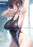  1girl armpits bare_shoulders blush breasts brown_hair cleavage competition_swimsuit hair_over_one_eye high_ponytail highleg highleg_swimsuit highres himamo large_breasts one-piece_swimsuit original presenting_armpit red_eyes solo swimsuit tongue tongue_out wet 