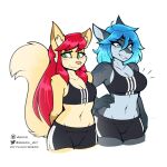  1:1 2023 ambris anthro blue_eyes blue_hair bottomwear bra breasts canid canine clothing collarbone dipstick_ears duo erika_(ambris) eyebrows eyelashes female fish fox fur green_eyes hair hi_res inner_ear_fluff long_hair looking_at_viewer mammal marine meme midriff multicolored_ears navel red_hair rose_(ambris) shark short_hair shorts shoulder_tuft small_breasts smile sports_bra text tuft underwear url 