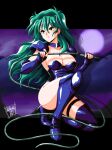  1990s_(style) 1girl artist_name blue_footwear blue_gloves blue_leotard boots breasts cleavage danmakuman elbow_gloves fingerless_gloves gloves green_eyes green_hair hair_between_eyes hands_up highres holding holding_weapon holding_whip leotard long_hair on_one_knee retro_artstyle rustea_sprincul rusty_(pc-98) signature solo thigh_strap weapon 
