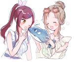  2girls bare_shoulders bikini blush bracelet brown_hair closed_eyes dolphin_hair_ornament eyewear_on_head frilled_bikini frills hair_bun hair_ornament hair_scrunchie hairclip highres holding ichikawa_hinana idolmaster idolmaster_shiny_colors jewelry ki_nu_uu long_hair multiple_girls nail_polish necklace official_alternate_costume official_alternate_hairstyle one_eye_closed open_mouth osaki_amana parted_bangs ponytail red-tinted_eyewear red_hair scrunchie single_hair_bun smile stuffed_animal stuffed_dolphin stuffed_toy sunglasses swept_bangs swimsuit tinted_eyewear white_bikini yellow_eyes 