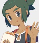  1boy black_shirt collarbone dark-skinned_male dark_skin food green_hair grey_background grey_eyes hand_up hau_(pokemon) holding holding_food looking_at_viewer malasada male_focus pokemon pokemon_(game) pokemon_sm ponytail shirt simple_background solo tongue tongue_out upper_body wusagi2 