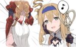  2girls armor ass athena_(granblue_fantasy) backless_dress backless_outfit black_gloves blush braid breasts brown_hair cleavage cleavage_cutout clothing_cutout dress emphasis_lines enyo_(granblue_fantasy) futon_tataki gloves granblue_fantasy green_eyes hair_between_eyes hairband hand_on_own_cheek hand_on_own_face long_hair low_twin_braids multiple_girls musical_note nos open_mouth shoulder_armor side_slit smile spoken_musical_note twin_braids white_background 