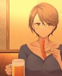  1girl alcohol beer beer_mug blue_shirt breasts brown_hair chopsticks cleavage closed_mouth collarbone cup earrings food green_eyes hands_up highres holding holding_chopsticks holding_cup idolmaster idolmaster_cinderella_girls idolmaster_cinderella_girls_starlight_stage indoors izakaya jewelry large_breasts licolicorice mug sausage shinohara_rei shirt short_hair short_sleeves smile solo 