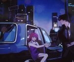  1boy 1girl :d absurdres antenna_hair black_eyes black_hair blue_eyes car chrollo_lucilfer city dress earrings hands_up highres holding_hands hunter_x_hunter jewelry looking_at_another miko_hxh mirror motor_vehicle necktie neon_nostrade night night_sky pink_hair purple_dress sign sitting sky sleeveless smile suit 