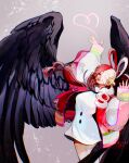  1girl arm_up black_wings dress feet_out_of_frame hair_over_one_eye headgear heart highres long_hair low-tied_long_hair low_twintails multicolored_clothes multicolored_hair one_piece one_piece_film:_red open_mouth philandresi puffy_sleeves red_hair short_dress teeth twintails two-tone_hair uta_(one_piece) white_dress white_hair wings 